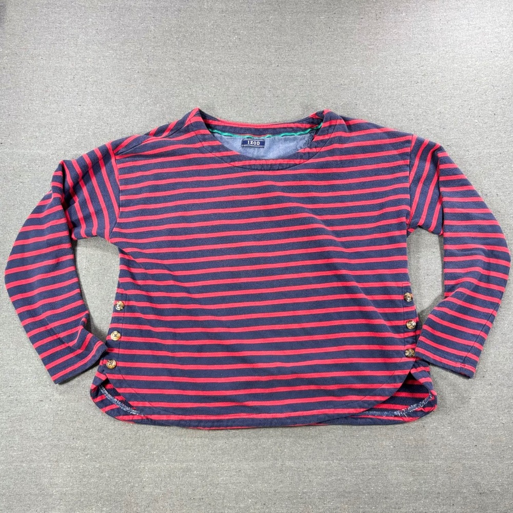 IZOD Striped Top Women Large Blue Red Long Sleeve Button Side Crew Neck Shirt - Picture 1 of 6